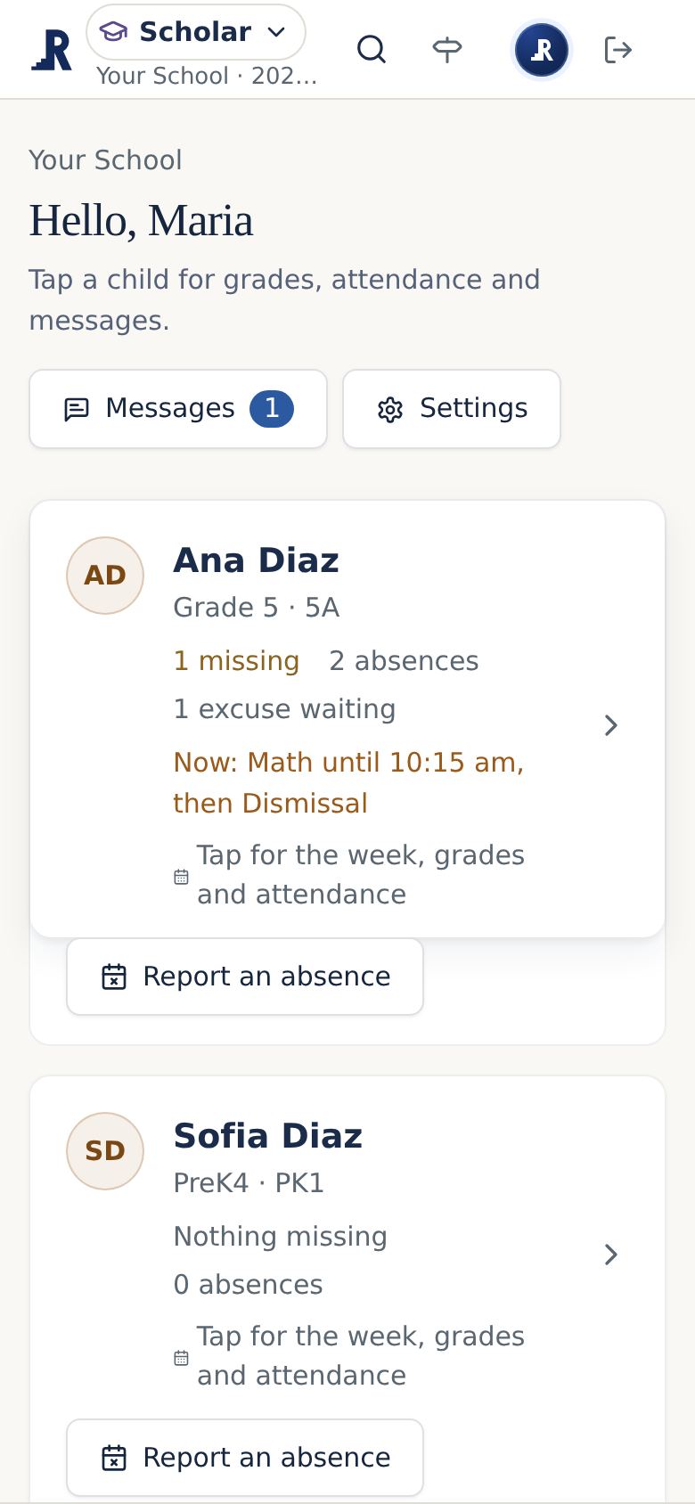 The family app on a phone: each child with missing work, absences and today's schedule.